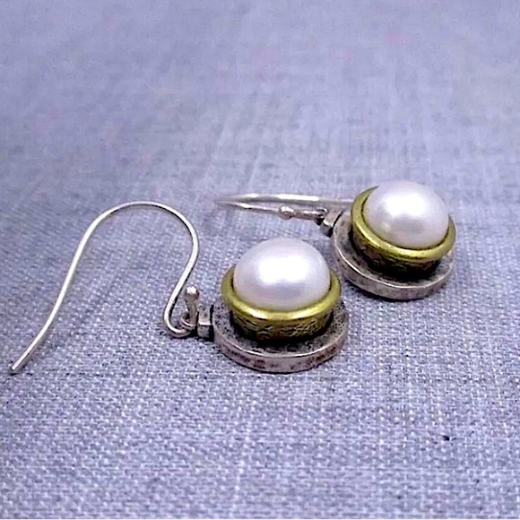 SILPADA Sterling Silver Pearl Drop Earrings with Hammered Brass Accent Two Tone - Picture 2 of 5